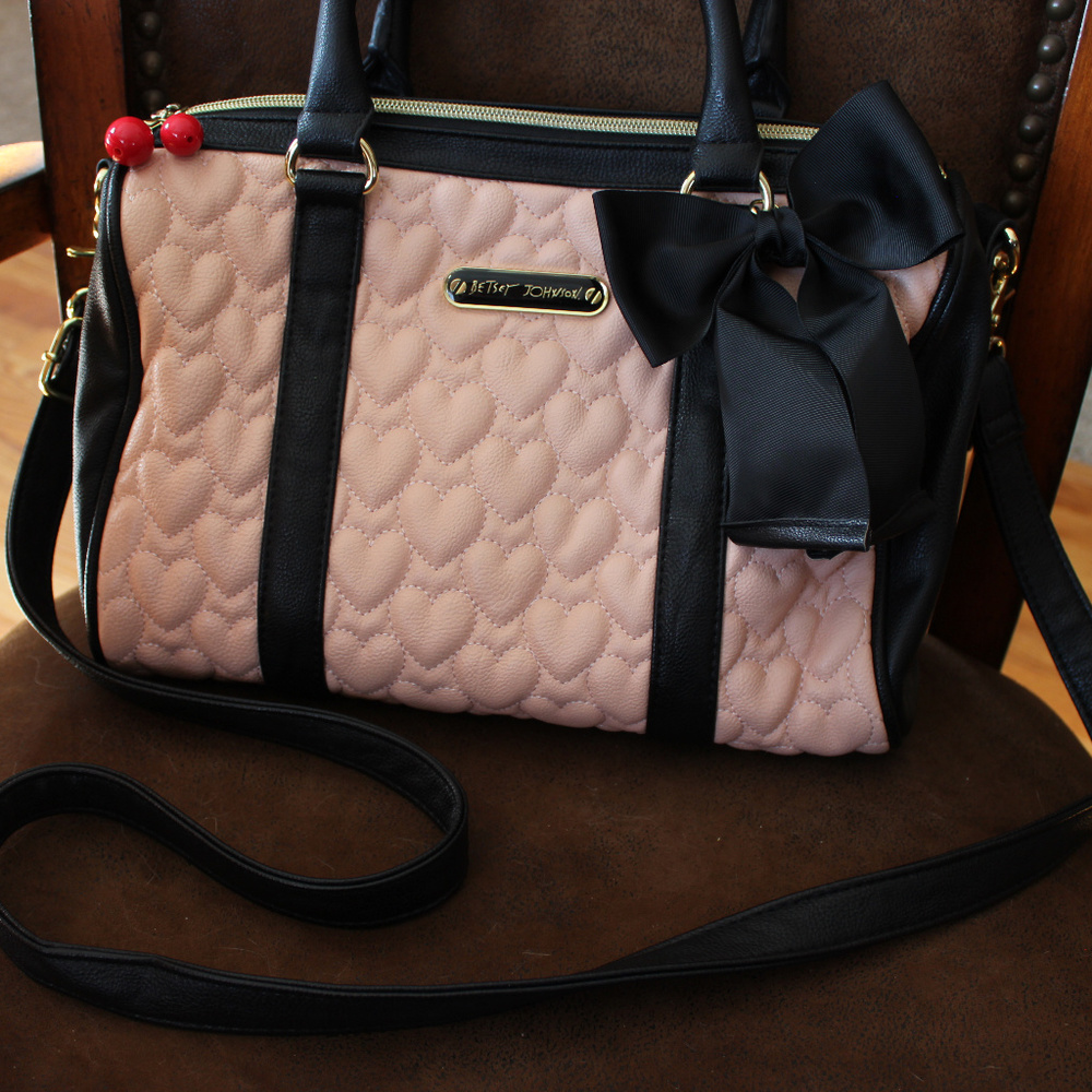 Betsey Johnson Quilted Heart Blush & Black Bag